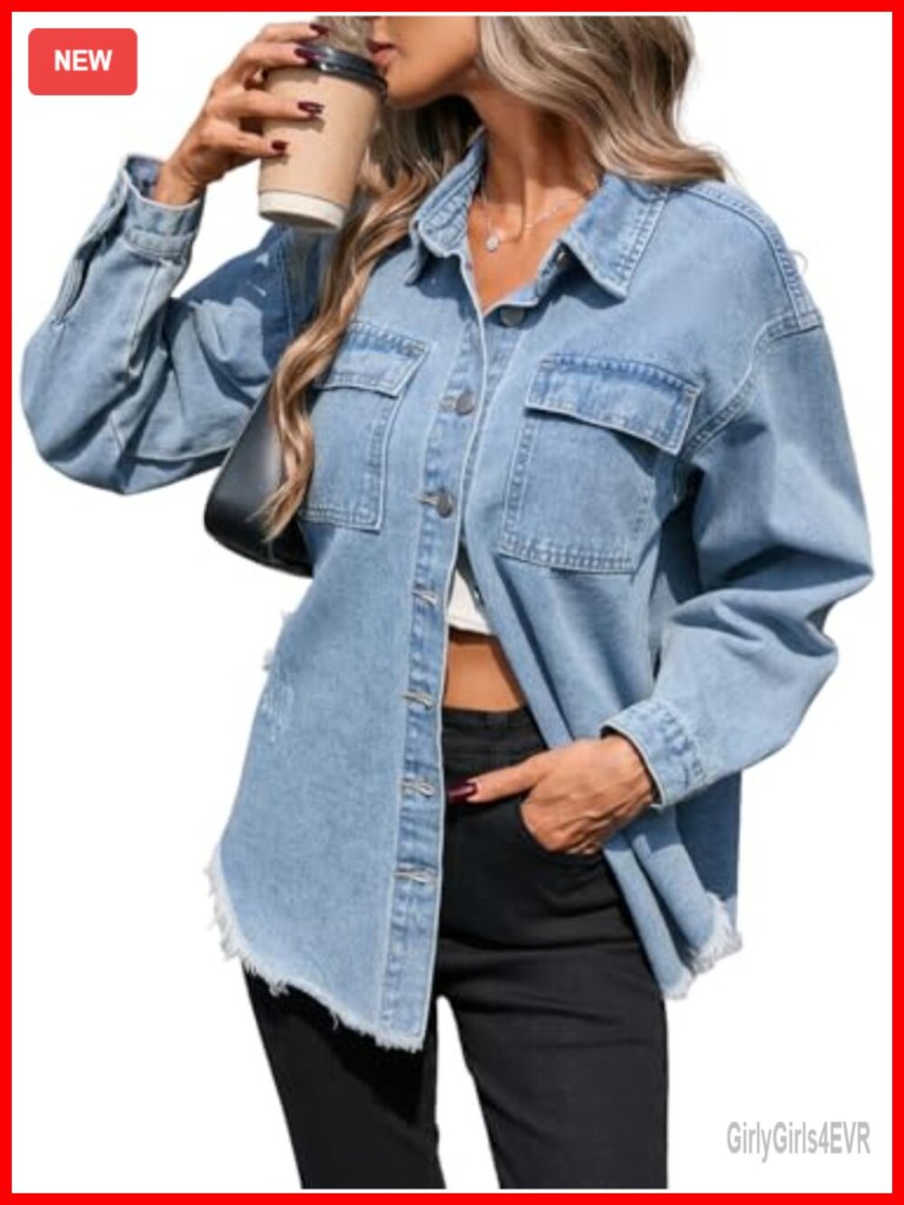 Oversized No-Stretch Denim Jacket Distressed Frayed Hem Button Down